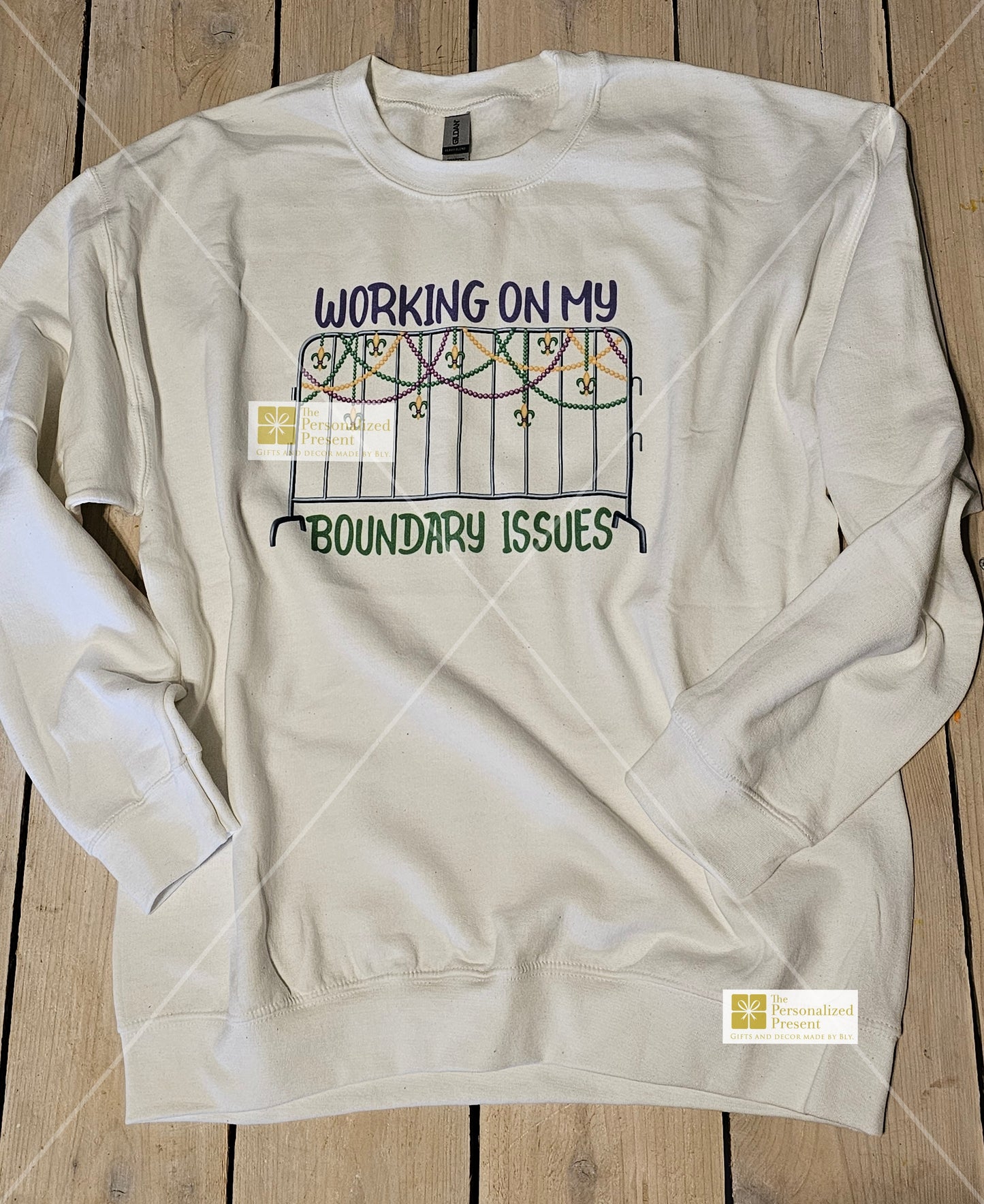 Mardi Gras sweatshirt working on my boundary issues, front side