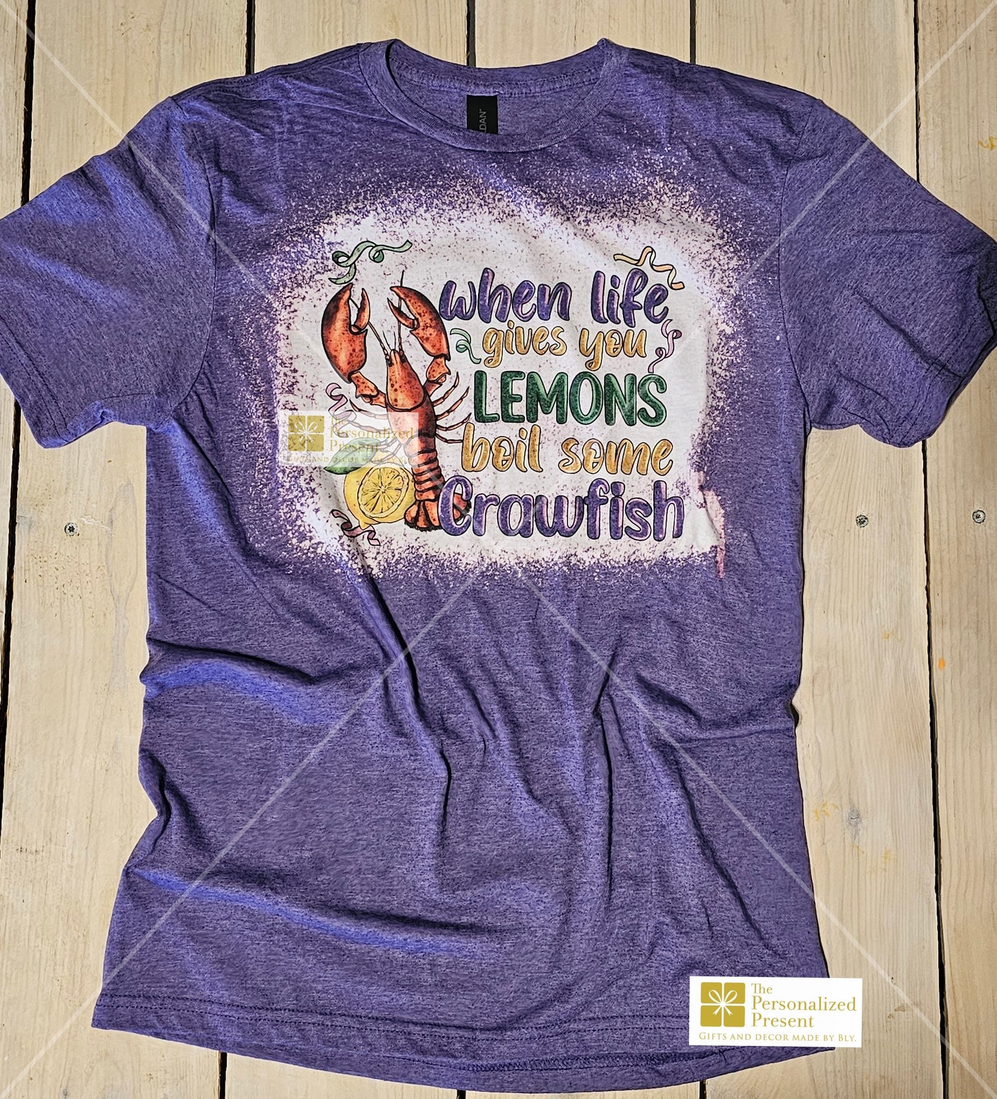 Mardi Gras shirt when life gives you lemons boil crawfish, purple, front side