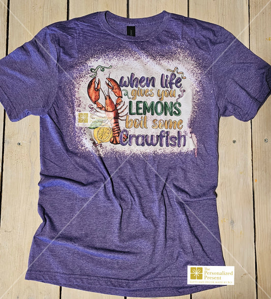 Mardi Gras shirt when life gives you lemons boil crawfish, purple, front side