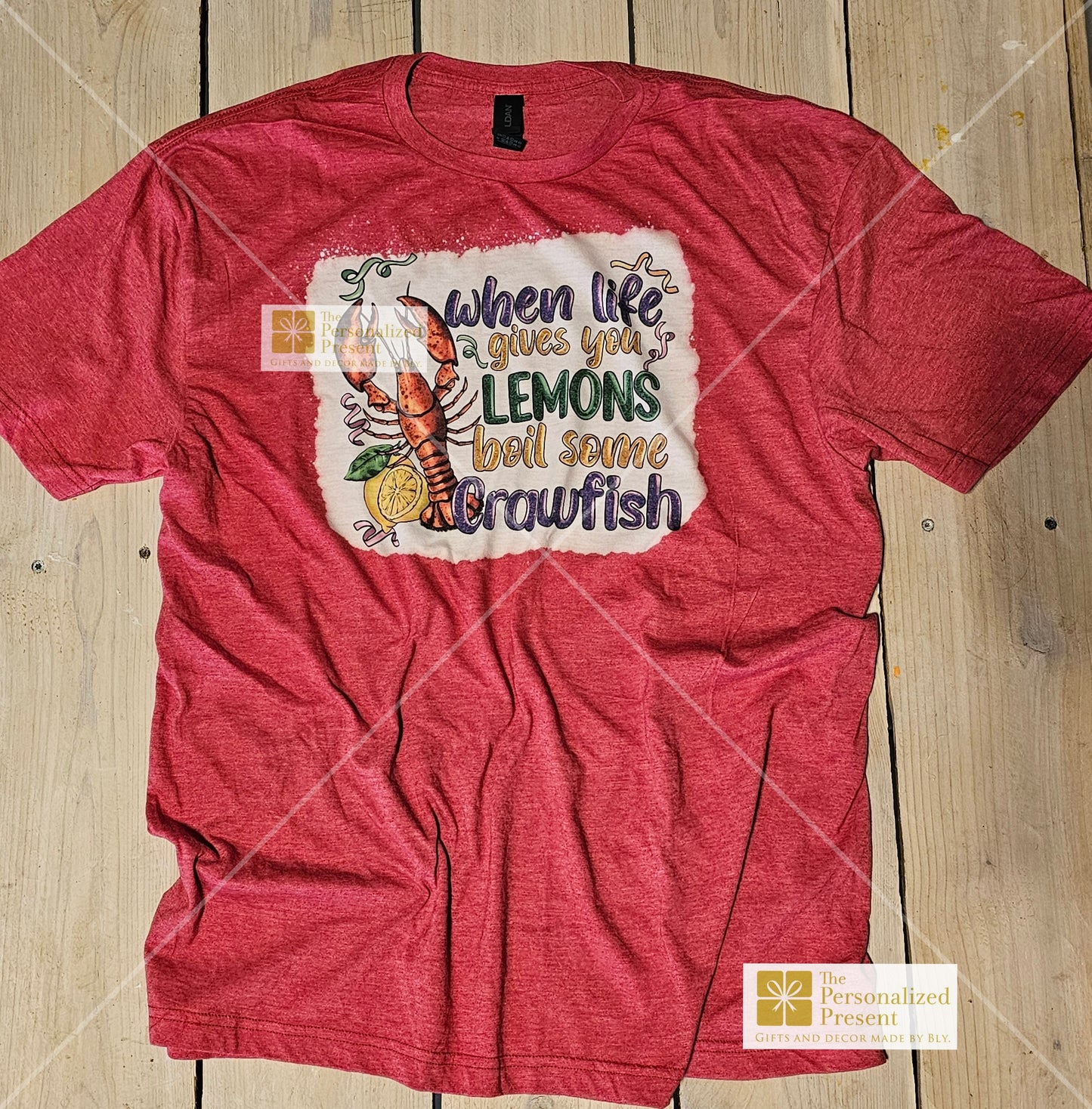 Mardi Gras shirt when life gives you lemons boil crawfish, red, front side