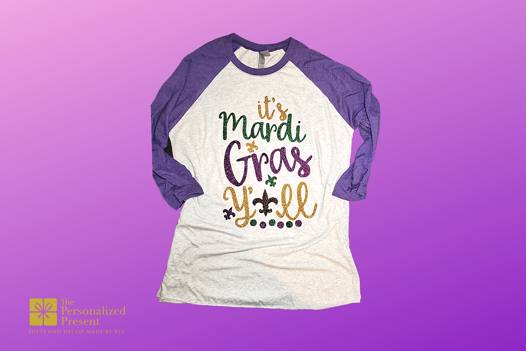 Mardi Gras shirt glitter raglan, front side